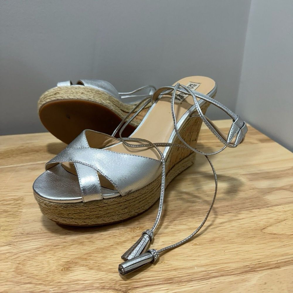 Badgley Mischka‎ Leather Tassel Accents Espadrilles 8.5 Silver Heeled Sandal